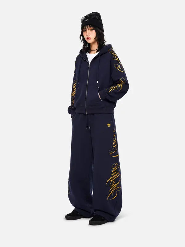 Embroidered 2-Piece Tracksuit Set with Zip-Up Hoodie & Loose Wide-Leg Pants, Classic Y2K Streetwear