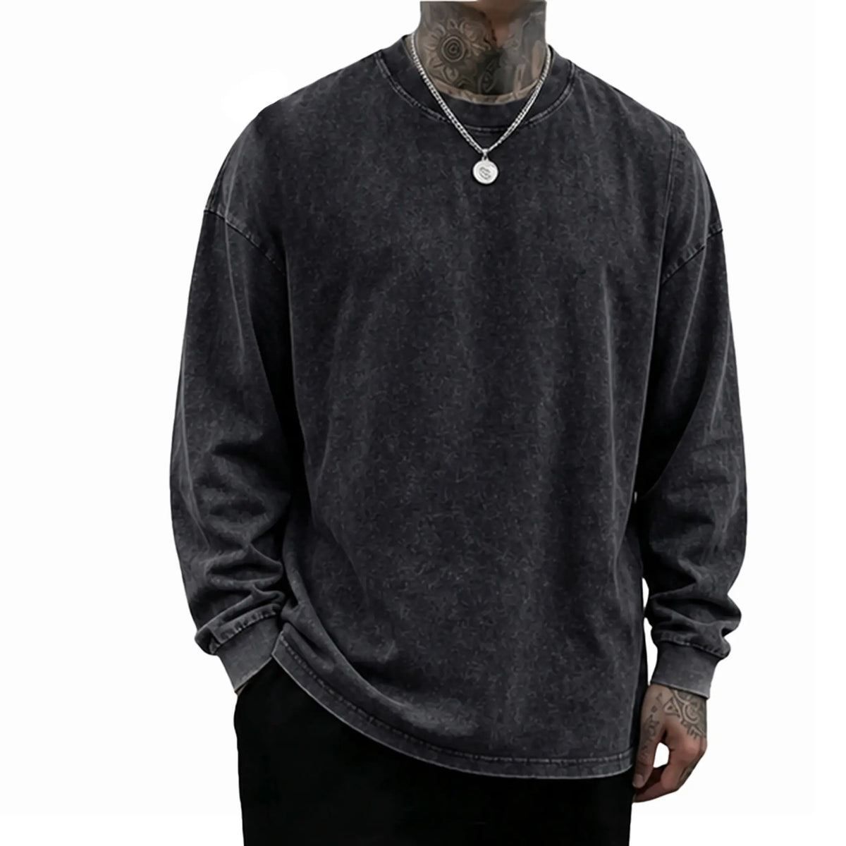 Loose Fit Mineral Wash Pure Cotton Long Sleeve Crew Neck Tee, Vintage Distressed Street Top, Great Men’s Gift