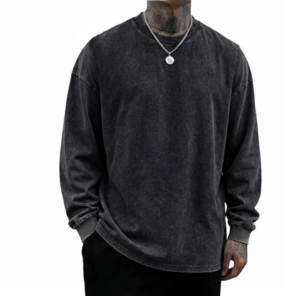 Loose Fit Mineral Wash Pure Cotton Long Sleeve Crew Neck Tee, Vintage Distressed Street Top, Great Men’s Gift