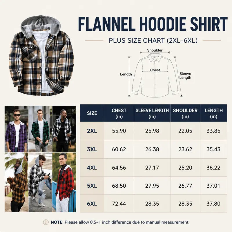 Men’s Plus-Size Flannel Hooded Shirt, Button Front, Drawstring Hood, Pockets, Ultra-Soft Fabric