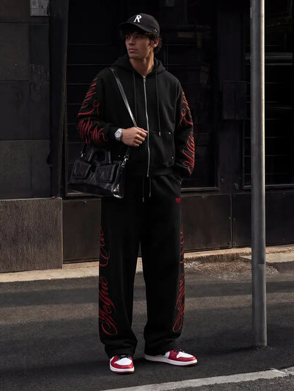 Embroidered 2-Piece Tracksuit Set with Zip-Up Hoodie & Loose Wide-Leg Pants, Classic Y2K Streetwear