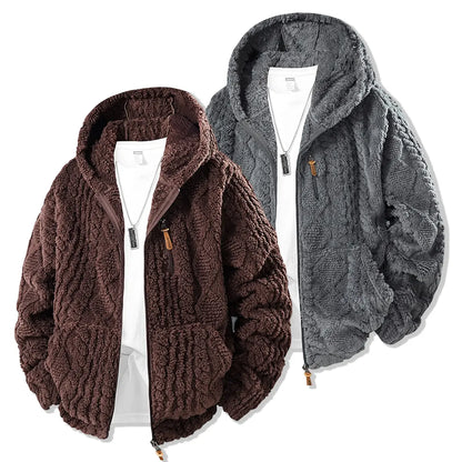 Unisex fleece hooded jacket. Solid woven texture, soft against skin, your go-to outerwear for fall & winter.