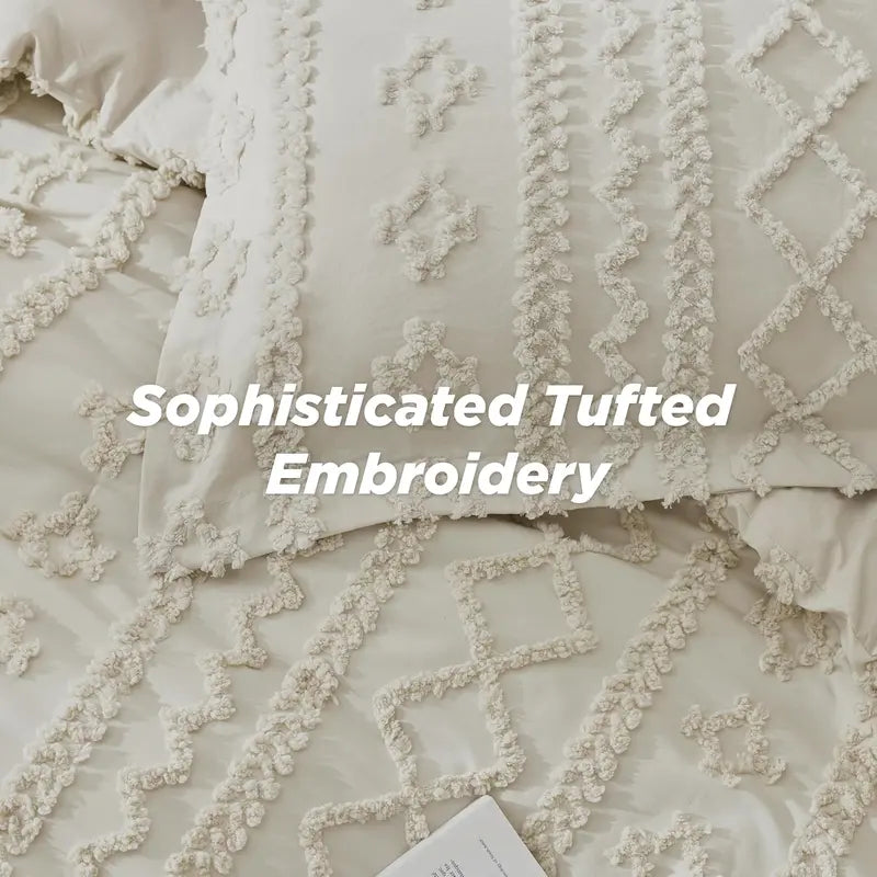 Weiches gestepptes Queen-Bettdecken-Set – Luxuriöse beige Boho-Bettwäsche
