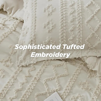 Weiches gestepptes Queen-Bettdecken-Set – Luxuriöse beige Boho-Bettwäsche