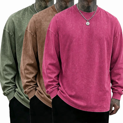 Loose Fit Mineral Wash Pure Cotton Long Sleeve Crew Neck Tee, Vintage Distressed Street Top, Great Men’s Gift