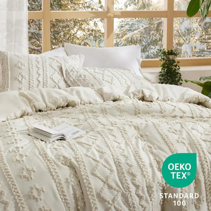 Weiches gestepptes Queen-Bettdecken-Set – Luxuriöse beige Boho-Bettwäsche