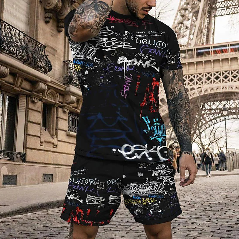 Men's 3D Colorful Creative Print Short Sleeve Two-piece Set