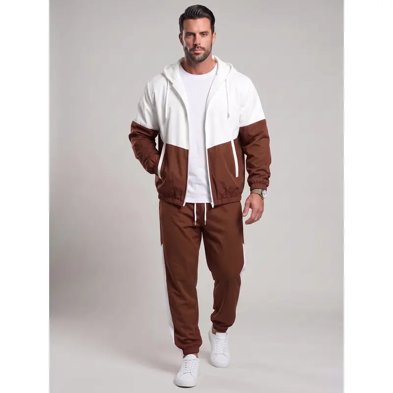 Men's 2-Piece Color Block Hooded Tracksuit Set for Daily Wear, Walks & Light Outdoor Activities