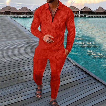 Men's Printed Polo Collar Zipper Fitness Tracksuit Long Sleeve Two-Piece Set