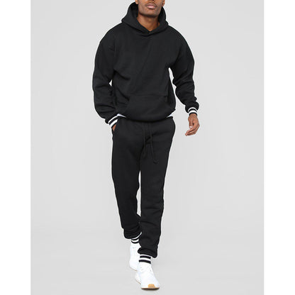 Men's Solid Color Contrast Rib Panel Hoodie Two-Piece Set