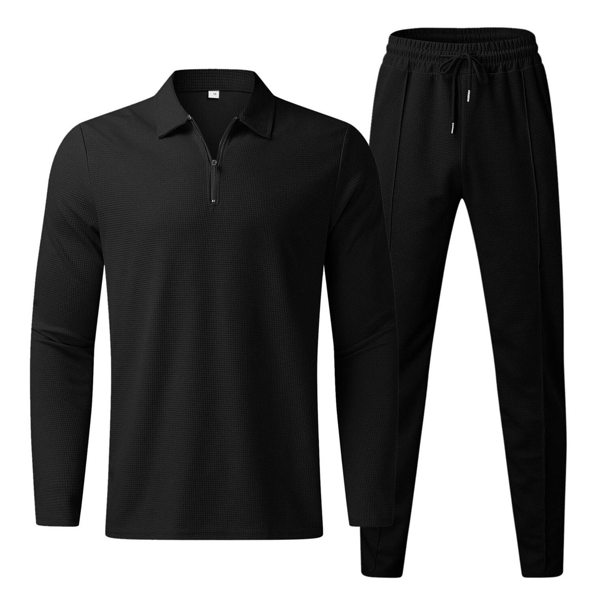 Men's Waffle Set Solid Color Turndown Casual Sports Zipper Long Sleeve Pants Sports Two-Piece Set