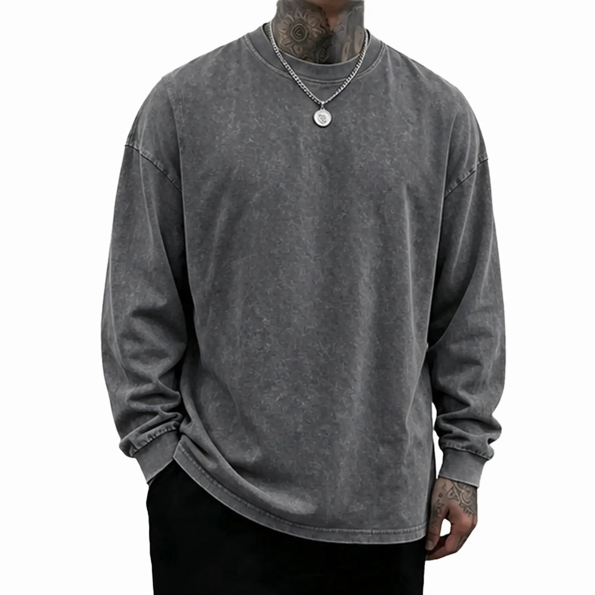 Loose Fit Mineral Wash Pure Cotton Long Sleeve Crew Neck Tee, Vintage Distressed Street Top, Great Men’s Gift