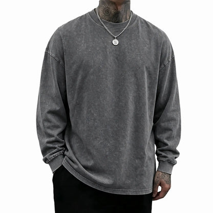 Loose Fit Mineral Wash Pure Cotton Long Sleeve Crew Neck Tee, Vintage Distressed Street Top, Great Men’s Gift