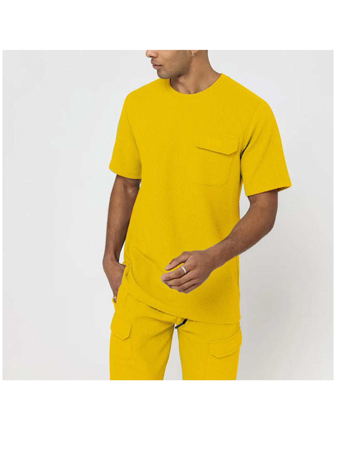Textured Fabric Multi-pocket Shorts Design Round Neck Two Piece Set