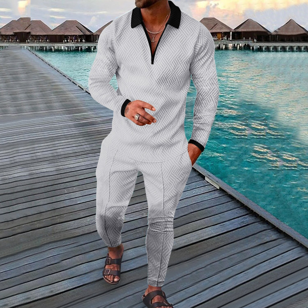 Men's Printed Polo Collar Zipper Fitness Tracksuit Long Sleeve Two-Piece Set