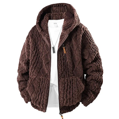 Unisex fleece hooded jacket. Solid woven texture, soft against skin, your go-to outerwear for fall & winter.