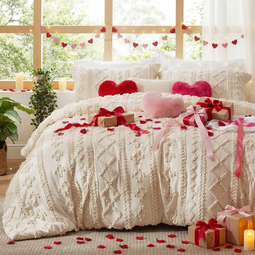 Weiches gestepptes Queen-Bettdecken-Set – Luxuriöse beige Boho-Bettwäsche