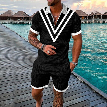 Men's 3D Print Zipper Casual Short Sleeve Two-piece Set