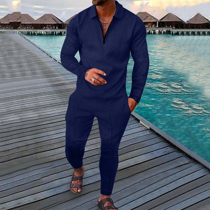 Men's Printed Polo Collar Zipper Fitness Tracksuit Long Sleeve Two-Piece Set