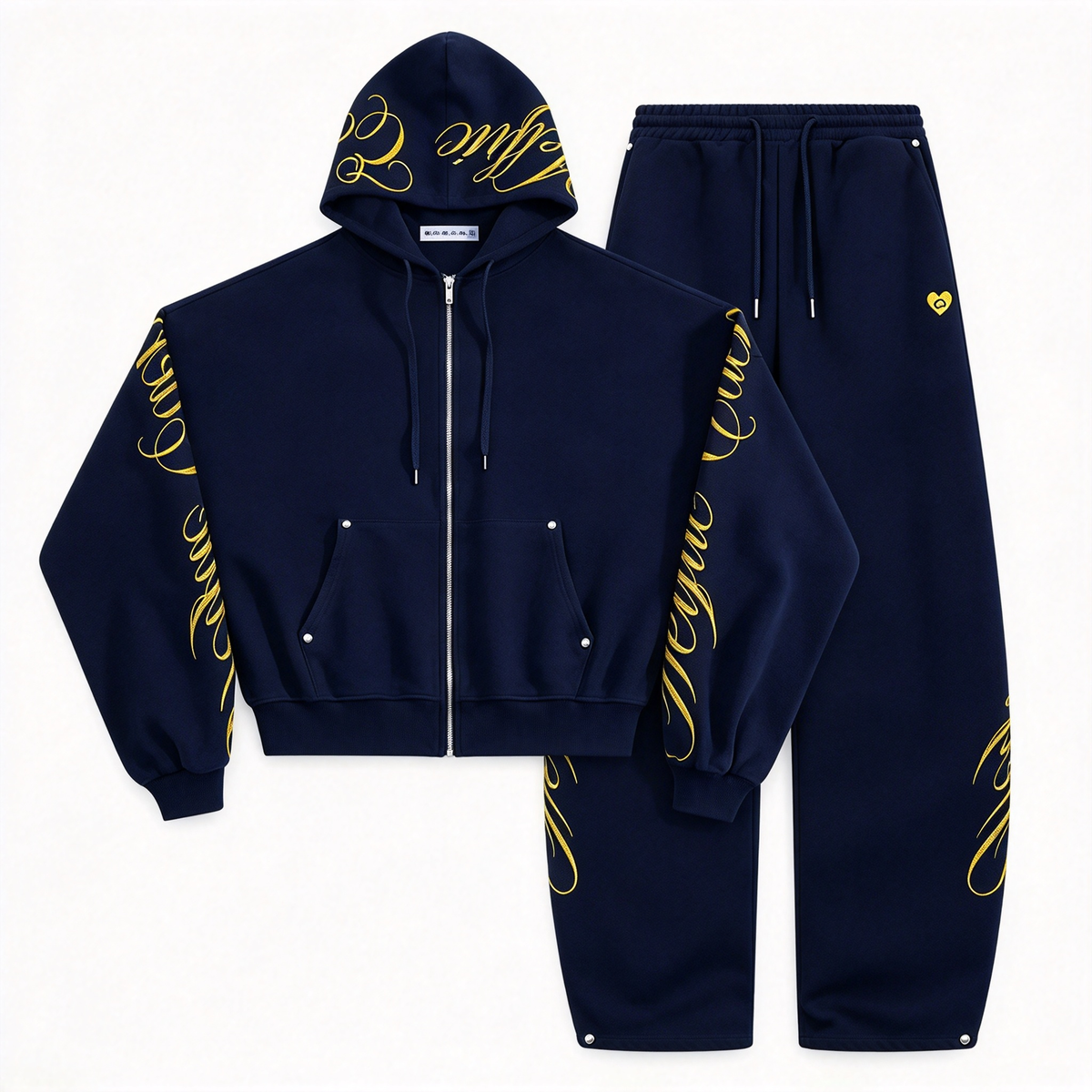 Embroidered 2-Piece Tracksuit Set with Zip-Up Hoodie & Loose Wide-Leg Pants, Classic Y2K Streetwear