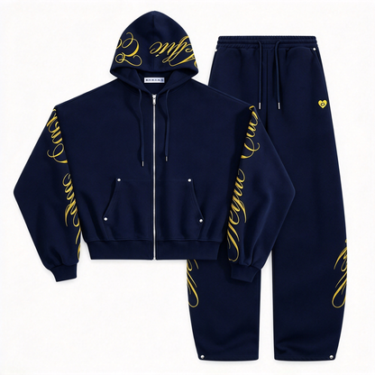 Embroidered 2-Piece Tracksuit Set with Zip-Up Hoodie & Loose Wide-Leg Pants, Classic Y2K Streetwear