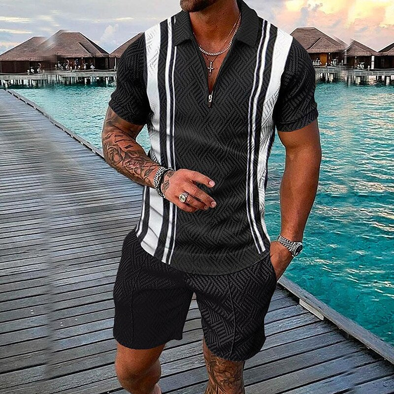 Men's 3D Print Zipper Casual Short Sleeve Polo Shirt Two-piece Set