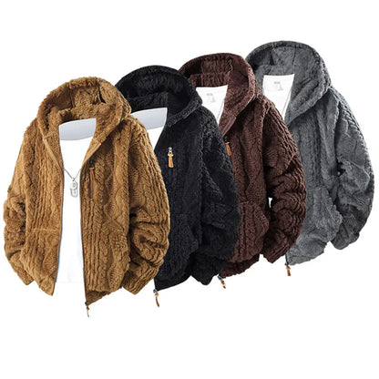 Unisex fleece hooded jacket. Solid woven texture, soft against skin, your go-to outerwear for fall & winter.