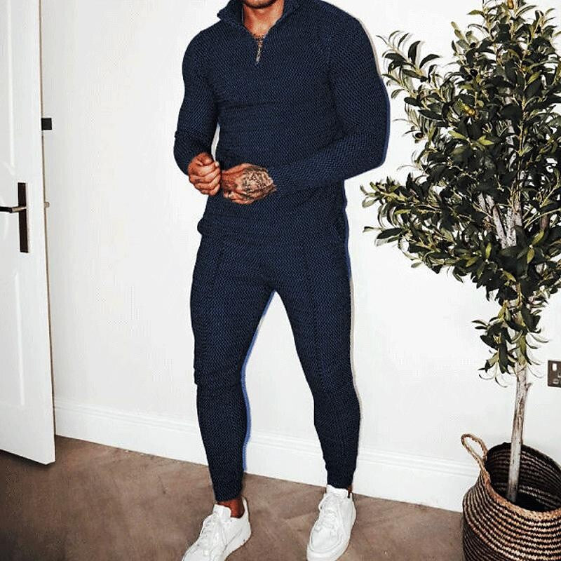 Men's Texture Long-sleeved Polo Two-piece Set