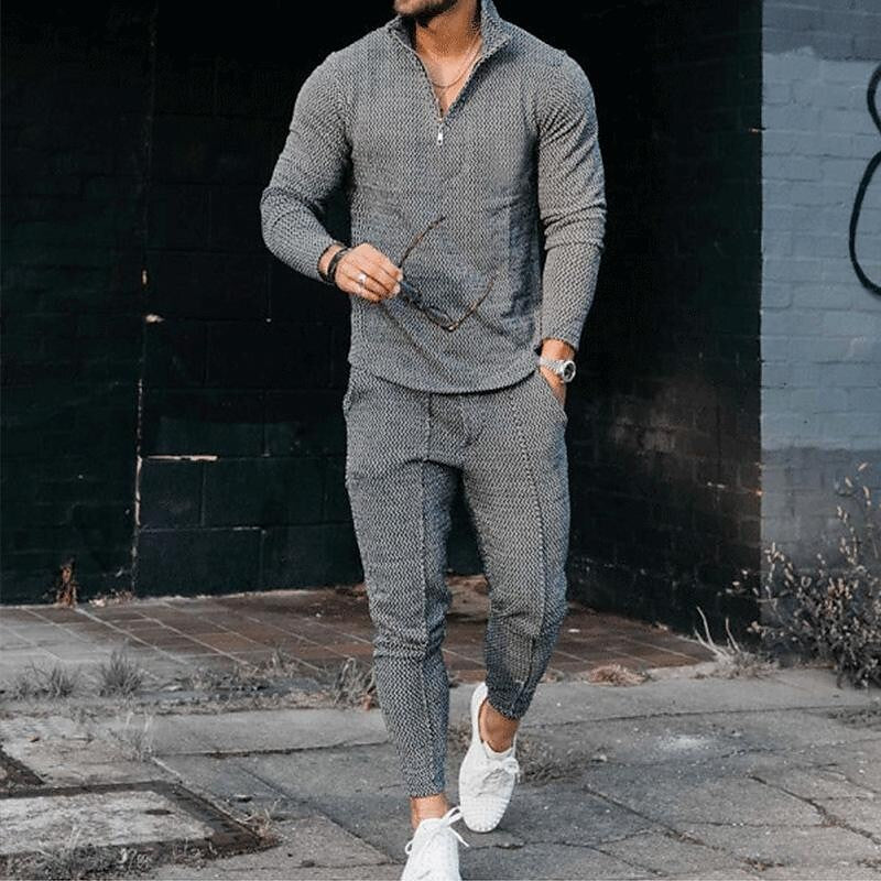 Men's Texture Long-sleeved Polo Two-piece Set