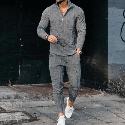 Men's Texture Long-sleeved Polo Two-piece Set