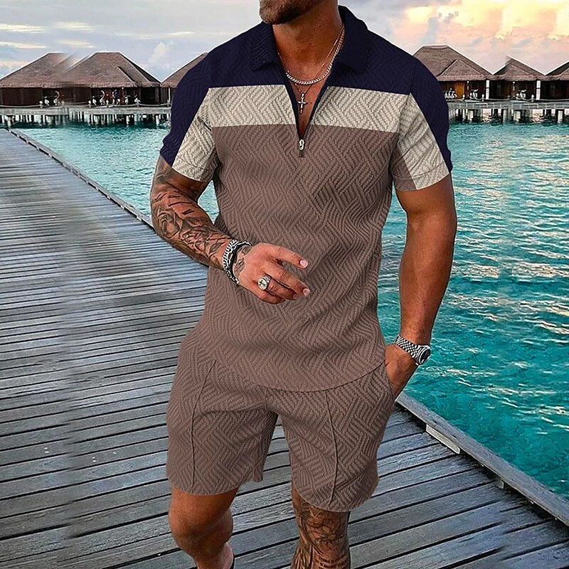 Men's 3D Print Color Block Zipper Casual Short Sleeve Polo Shirt Two-piece Set