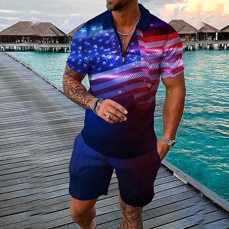 Men's 3D Print Graphic Flag Zipper Casual Short Sleeve Two-piece Set