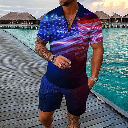 Men's 3D Print Graphic Flag Zipper Casual Short Sleeve Two-piece Set