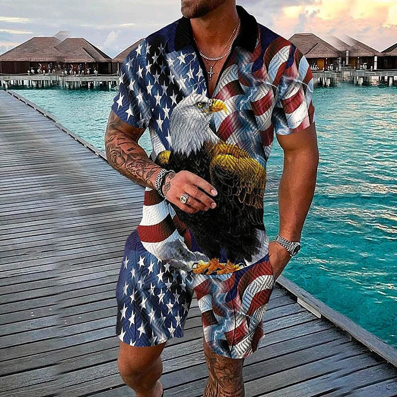 Men's 3D Print Graphic Flag Zipper Casual Short Sleeve Two-piece Set