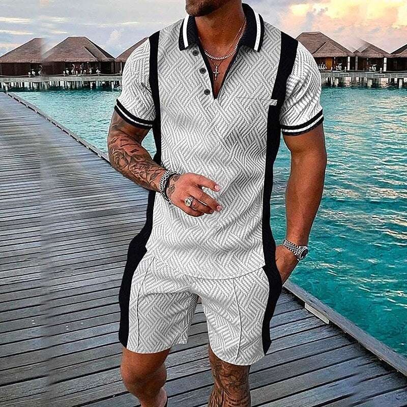 Men's 3D Print Zipper Casual Short Sleeve Polo Shirt Two-piece Set