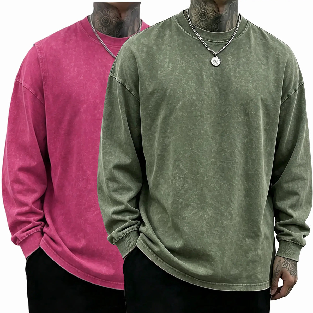 Loose Fit Mineral Wash Pure Cotton Long Sleeve Crew Neck Tee, Vintage Distressed Street Top, Great Men’s Gift