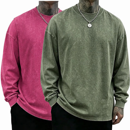Loose Fit Mineral Wash Pure Cotton Long Sleeve Crew Neck Tee, Vintage Distressed Street Top, Great Men’s Gift