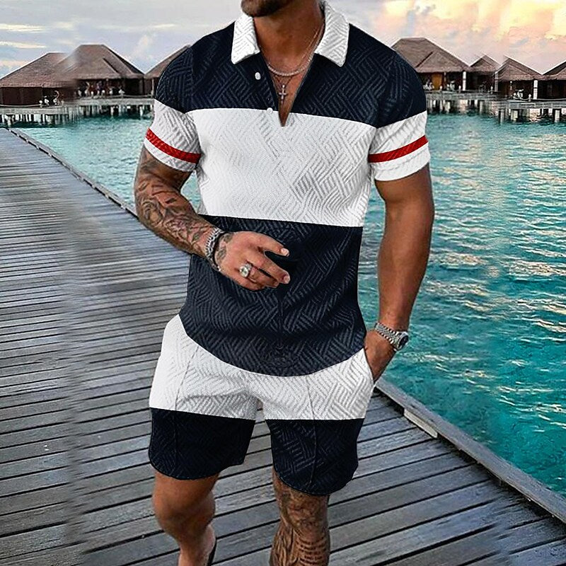 Men's 3D Print Zipper Casual Short Sleeve Polo Shirt Two-piece Set