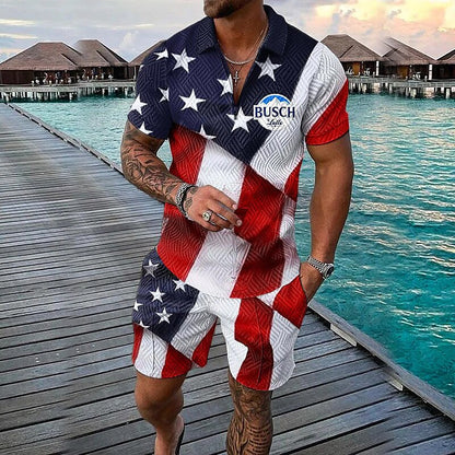 Men's 3D Print Graphic Flag Zipper Casual Short Sleeve Two-piece Set