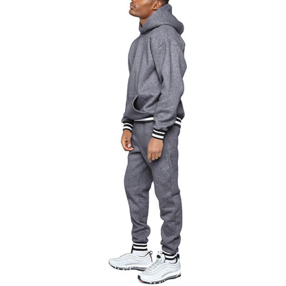 Men's Solid Color Contrast Rib Panel Hoodie Two-Piece Set