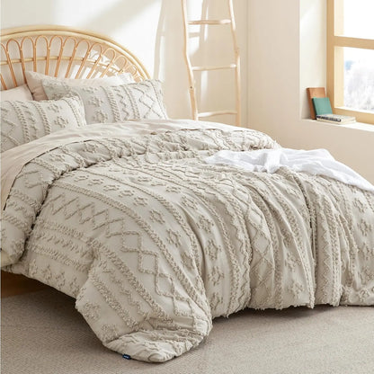 Soft Tufted Queen Comforter Set - Luxury Beige Boho Bedding