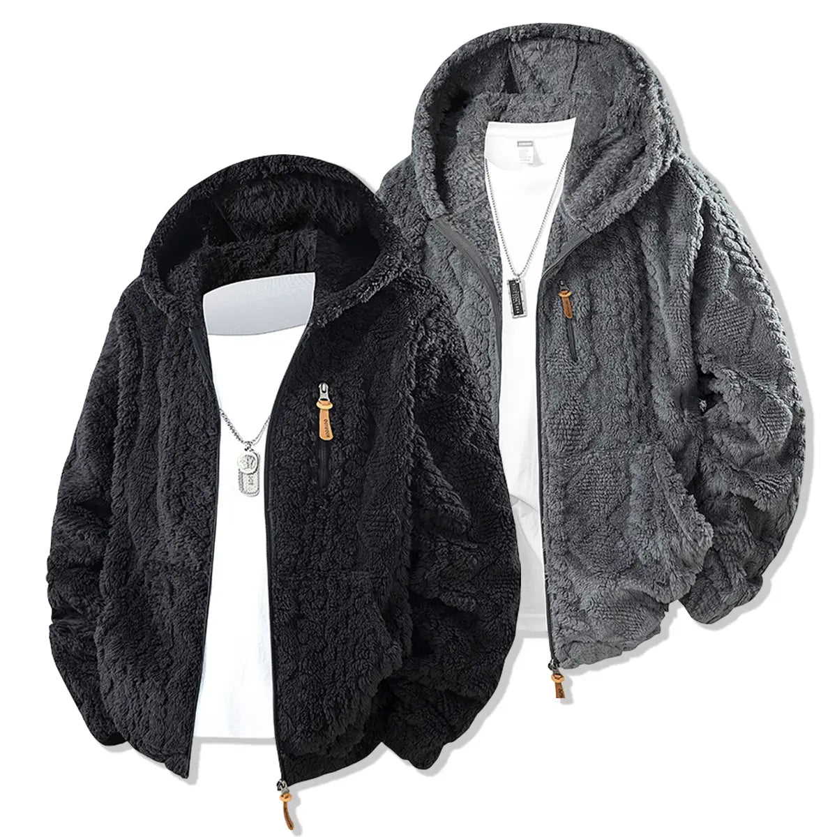 Unisex fleece hooded jacket. Solid woven texture, soft against skin, your go-to outerwear for fall & winter.