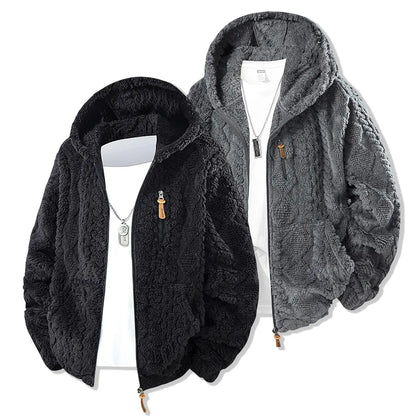 Unisex fleece hooded jacket. Solid woven texture, soft against skin, your go-to outerwear for fall & winter.