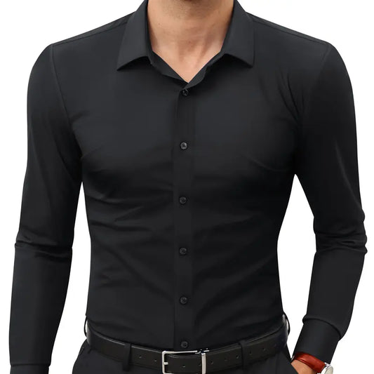 Men’s Elastic Slim-Fit Long Sleeve Button-Down Shirt, Wrinkle Resistant Travel Shirt, Business Casual Soho Style
