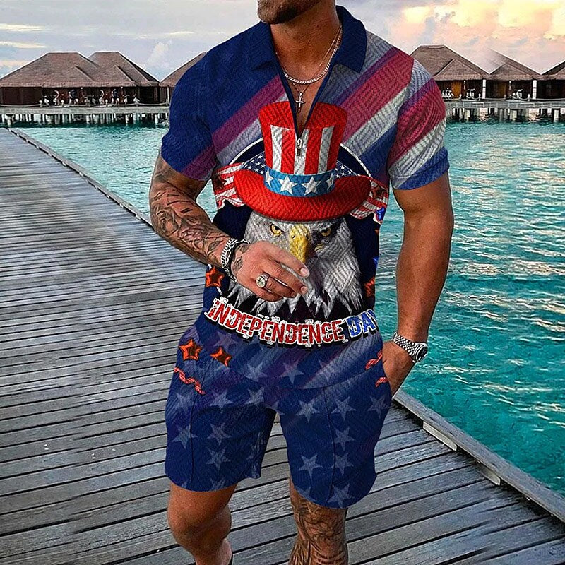 Men's 3D Print Graphic Flag Zipper Casual Short Sleeve Two-piece Set