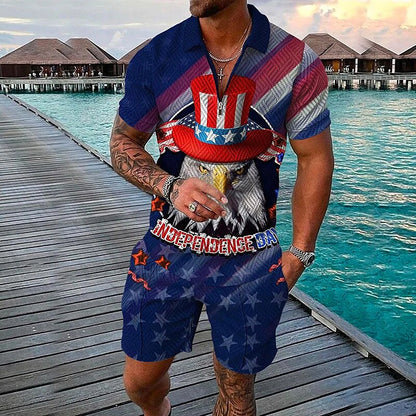 Men's 3D Print Graphic Flag Zipper Casual Short Sleeve Two-piece Set