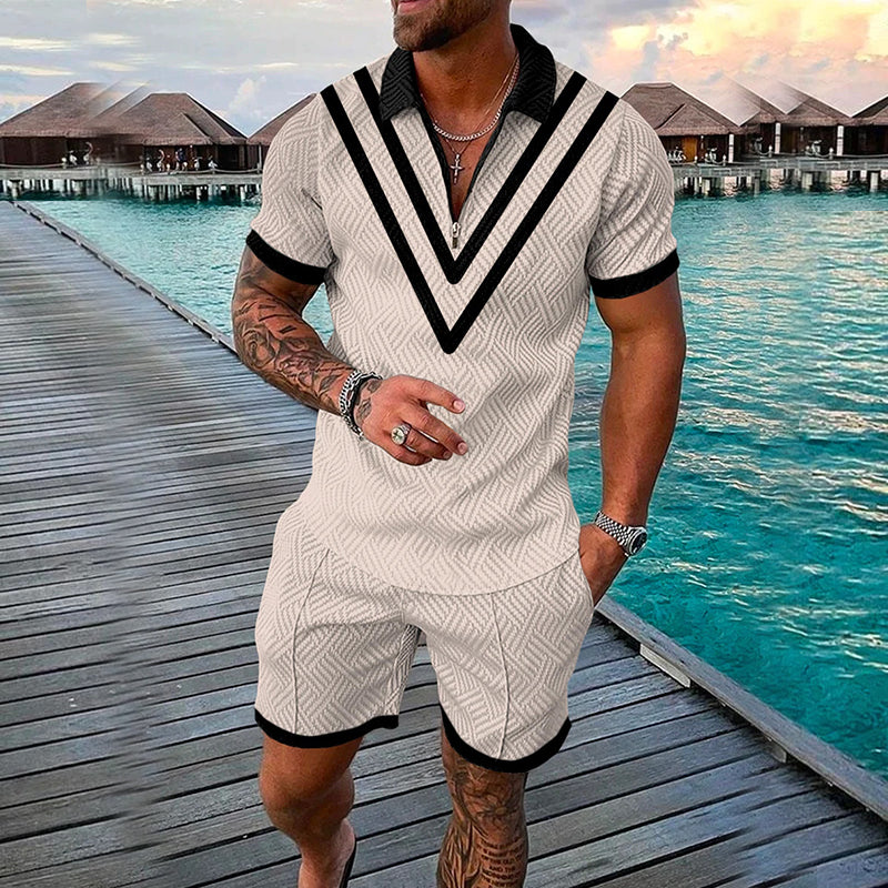Men's 3D Print Zipper Casual Short Sleeve Two-piece Set