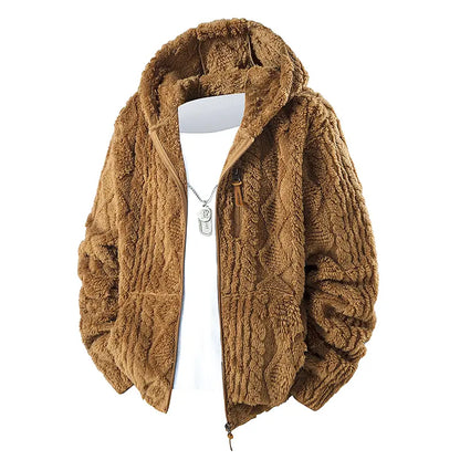 Unisex fleece hooded jacket. Solid woven texture, soft against skin, your go-to outerwear for fall & winter.