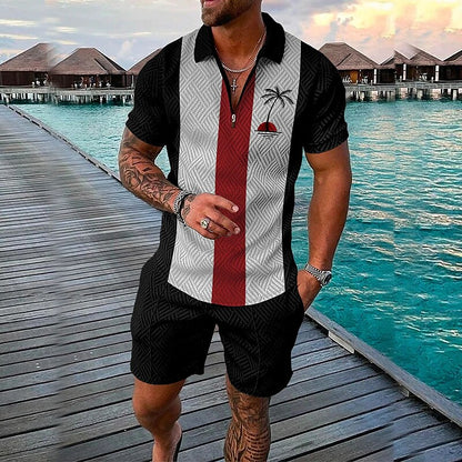 Men's 3D Print Zipper Casual Short Sleeve Polo Shirt Two-piece Set