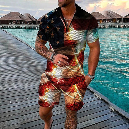 Men's 3D Print Graphic Flag Zipper Casual Short Sleeve Two-piece Set